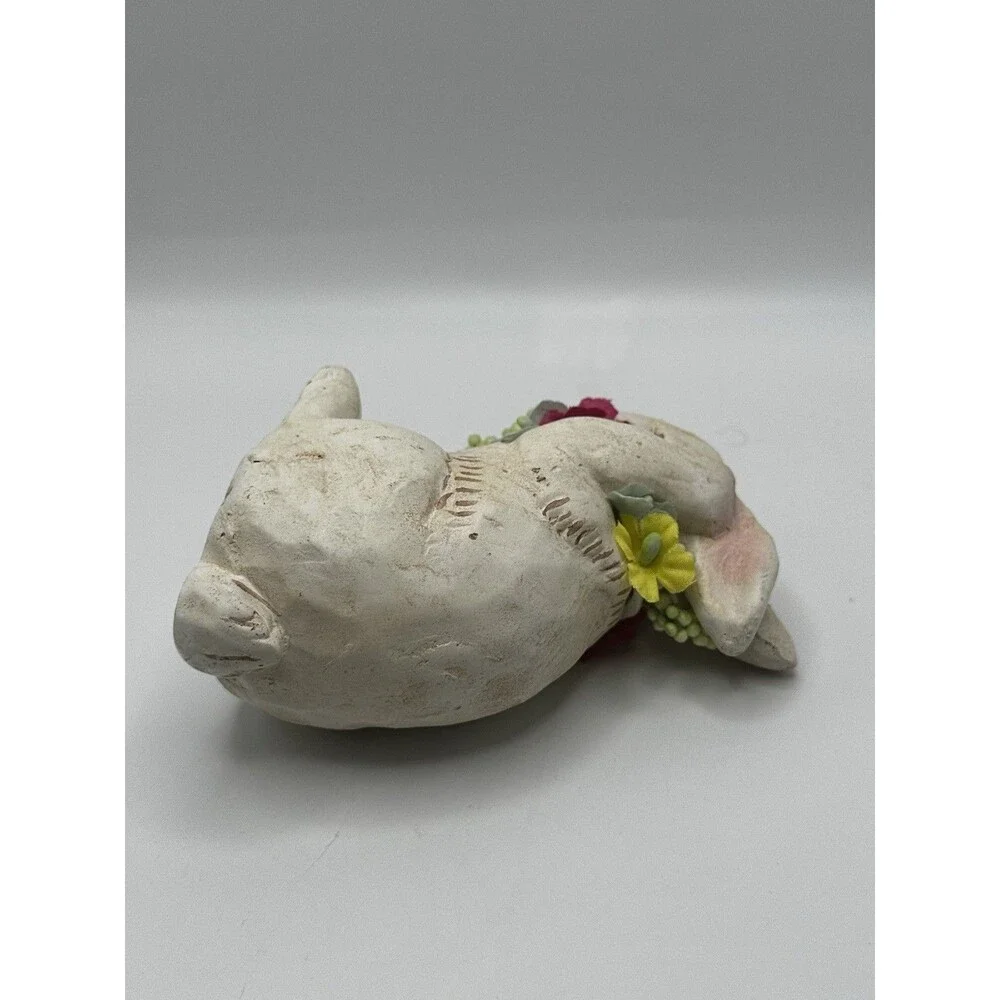 Vintage Bisque Rabbit Figurine w/ Fabric Flowers Sleeping Bunny Easter Decor